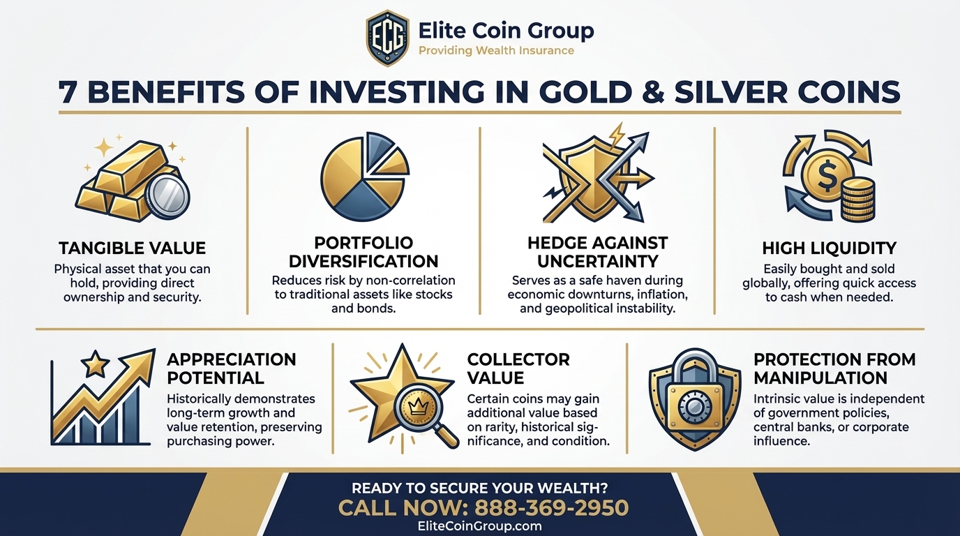 Infographic showing 7 benefits of investing in gold, silver, platinum and palladium coins